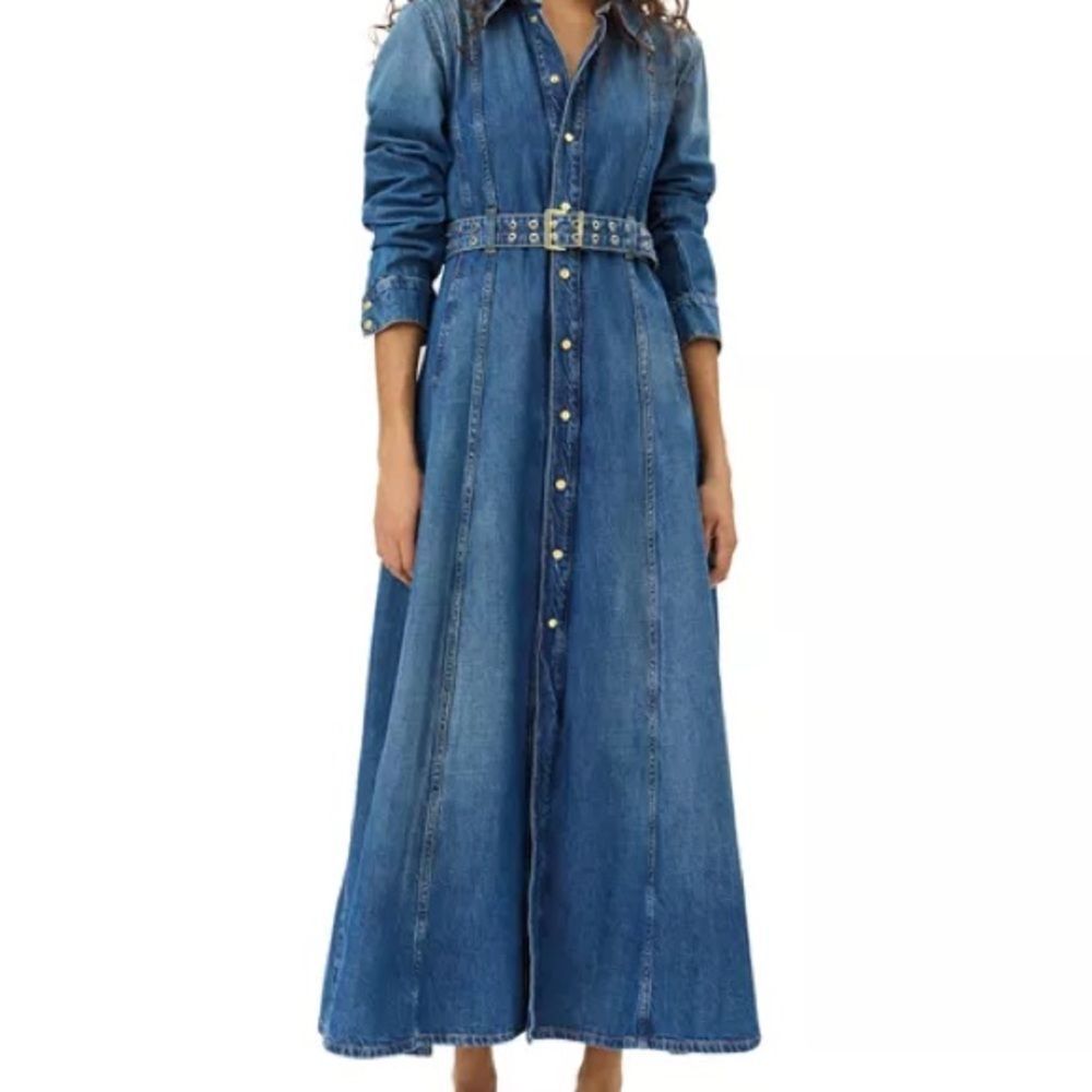 Ganni Blue Denim Belted Maxi Dress
